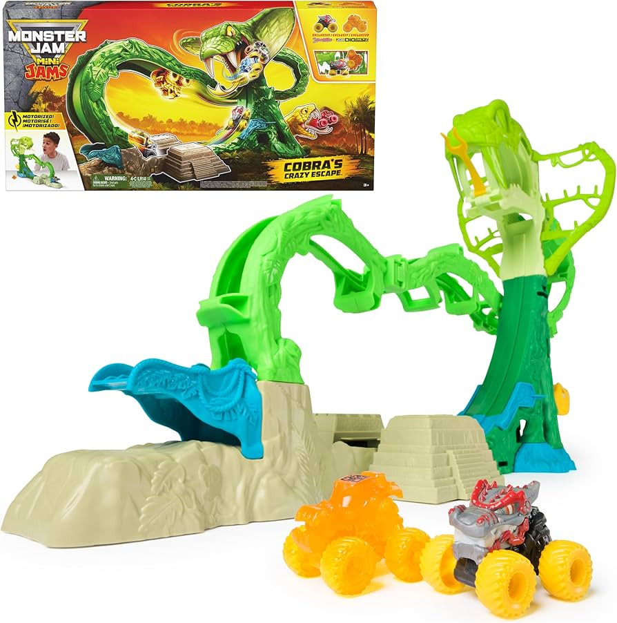 Monster Jam Mini Jams, Cobra’s Crazy Escape 28” Motorized Playset, 2 Exclusive Die-Cast Thund... | Amazon (US)