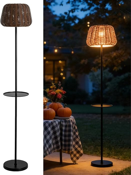 Outdoor Solar Floor Lamp, 63.8" High Waterproof Rattan Floor Light Fixture with Table & Woven Lam... | Amazon (US)