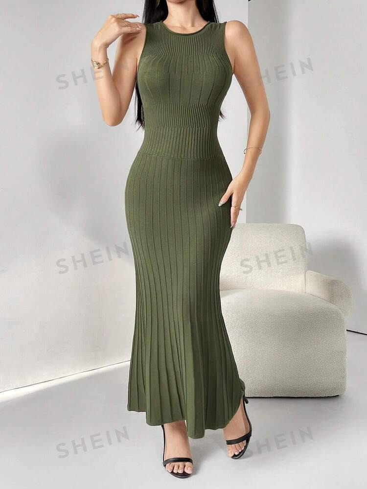 SHEIN Modely Women Plain Round Neck Fishtail Hem Sleeveless Elegant Knit Dress | SHEIN USA | SHEIN