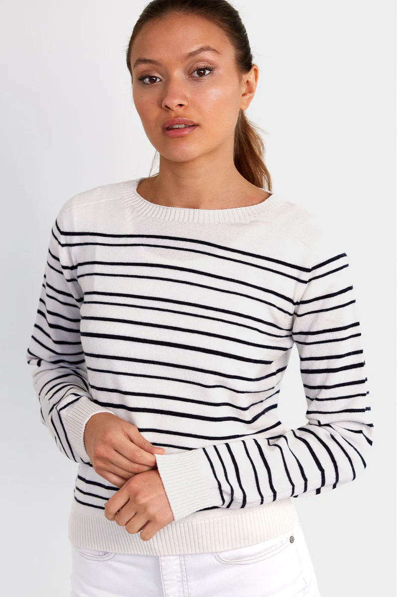 Striped Merino Wool Crew Neck Sweater | Cream/ Navy | Aspiga
