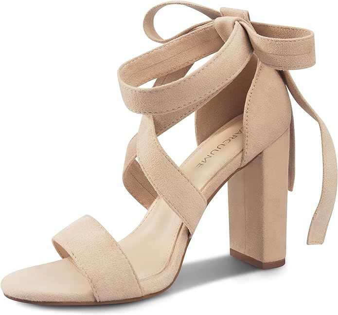 Strappy Heels for Women Chunky Heels High Heeled Sandals with Lace Up Fahsion Casual Nude Block H... | Amazon (US)