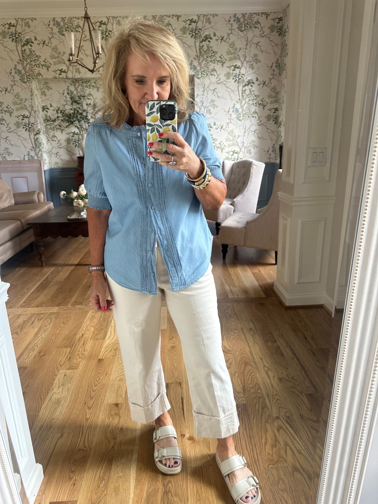 Talbots chambray blouse 25% off. I’m wearing a small but wish I had gotten my reg size a medium 
Ecru jeans size 8 petite 
Sandals tts 
20% off Allie Bess bracelets with code NANETTE20

#LTKSaleAlert #LTKOver40 #LTKPetite