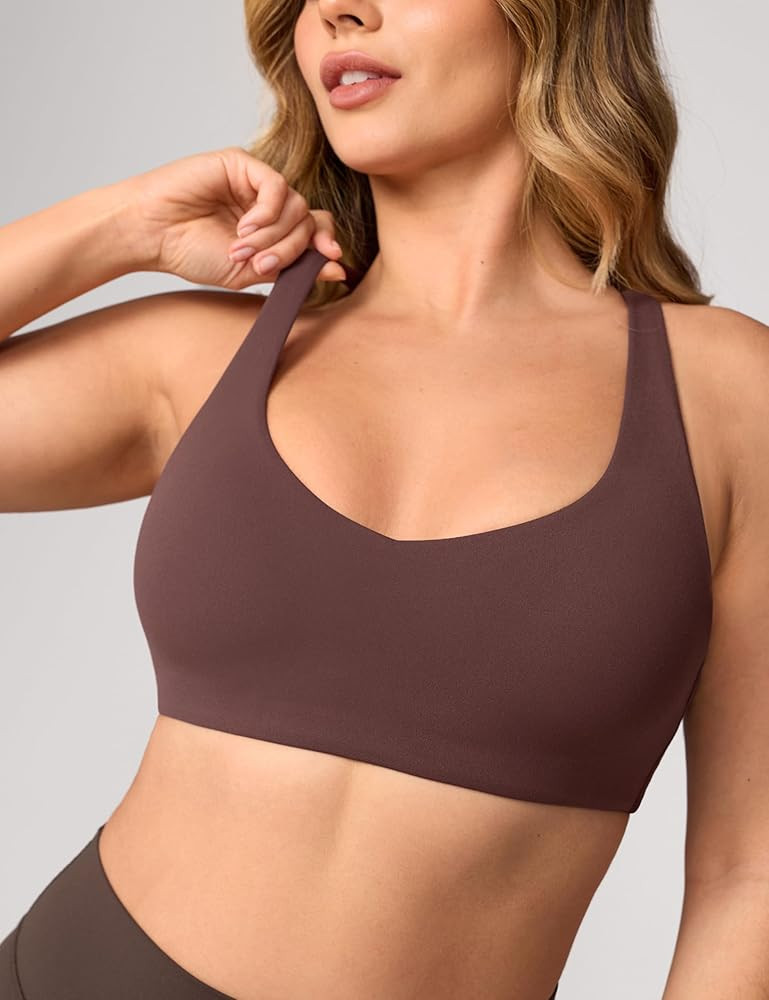 Hugcurve Adjustable Cross Back Sports Bra for Women V Neck Twist Back Padded Yoga Workout Top | Amazon (US)