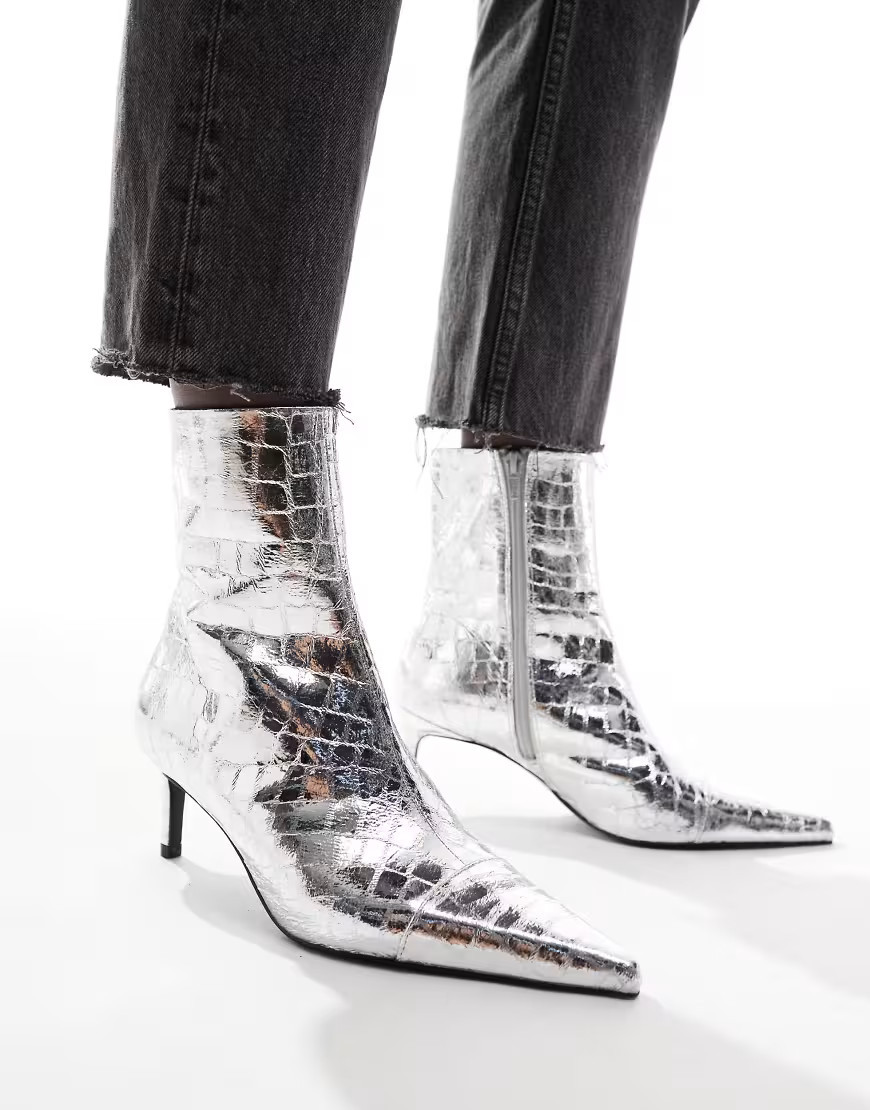 ASOS DESIGN Rosalie kitten heel mid boots in silver | ASOS (Global)