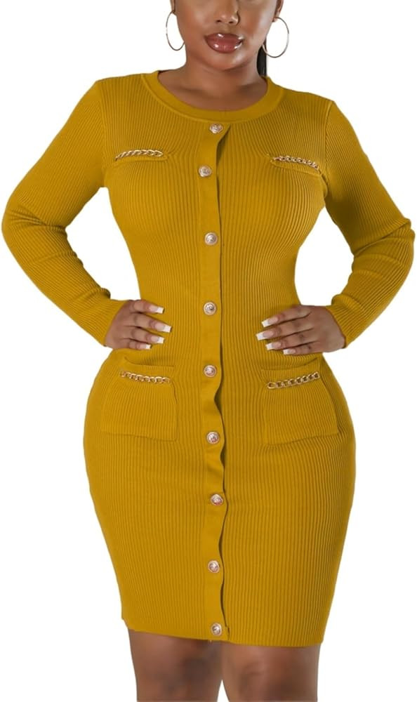 Women's Knitted Dress Fashion Crewneck Long Sleeve Bodycon Elegant Casual Solid Pullover Warmth P... | Amazon (US)