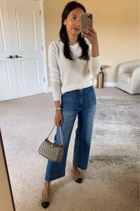 Spring outfit. Spring outfits. Spring sweater is on sale 50% off with code YAY. True to size. Nice mesh knit. 
Wide leg jeans size down. Cropped length. 
Ballet flat. Flat shoes. Size down  

#LTKover40 #LTKsalealert #LTKitbag