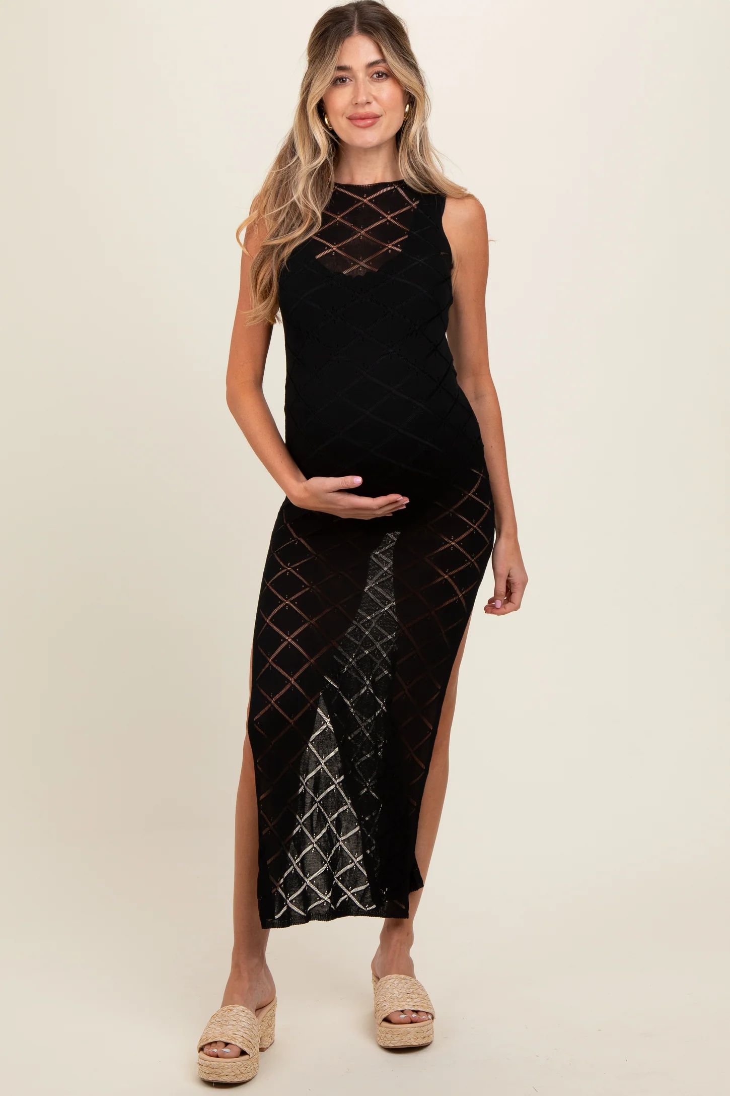 Black Sleeveless Crochet Double Side Slit Maternity Cover Up | PinkBlush Maternity