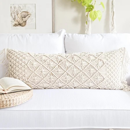 Faye macrame boho cream long lumbar throw pillow cover 14x36 (1 piece cover only) | Walmart (US)