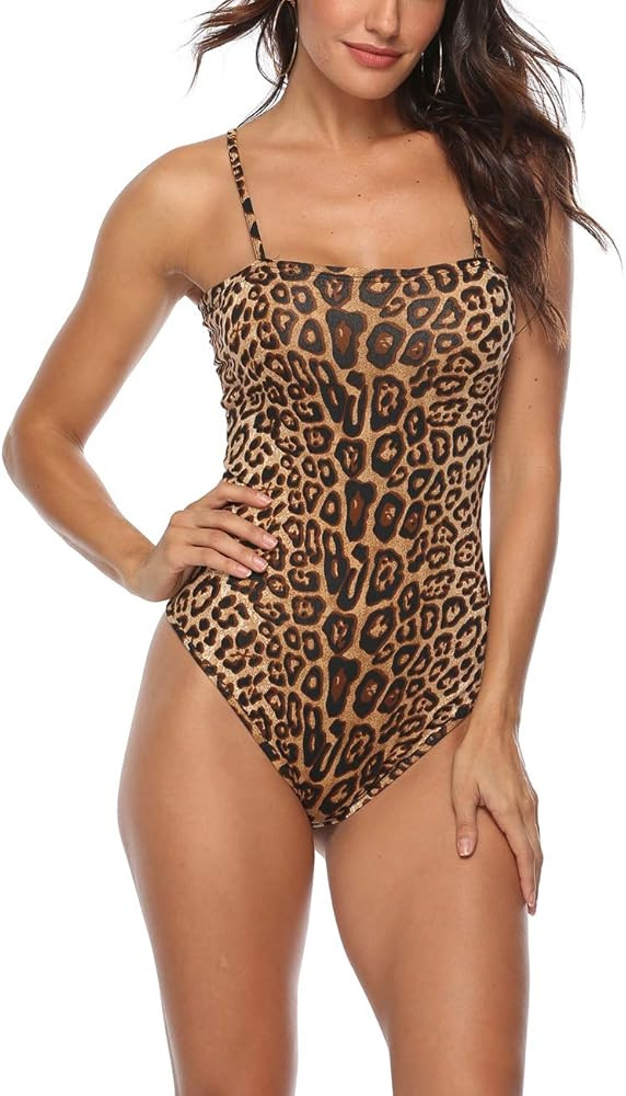 Queen.M Women's Sexy Bodysuit Leopard Spaghetti Strap Cami Leotard Top Sleeveless Bodycon Jumpsui... | Amazon (US)