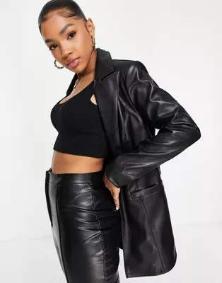Miss Selfridge faux leather belted blazer in black | ASOS (Global)