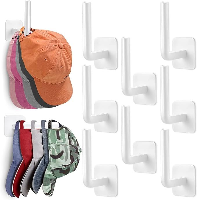 Hat Rack for Wall Hat Organizer (8-Pack), Hat Racks for Baseball Caps, Adhesive Hat Hooks for Wal... | Amazon (US)