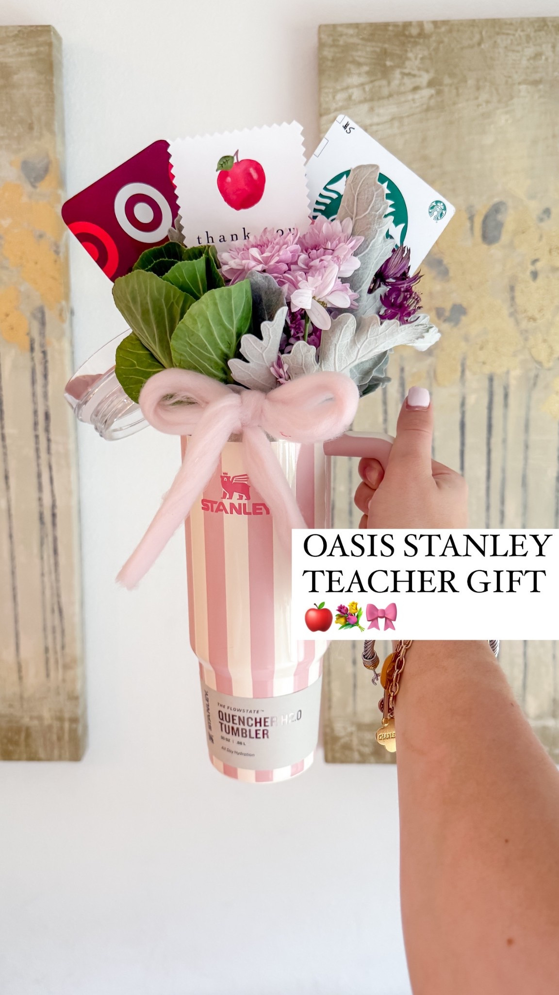 Links to recreate this cute teacher appreciation gift now that the striped tumblers are online!

**Please note the wool ribbon isn’t an exact match (it was seasonal at Michael’s) but I linked the most similar thing I could find