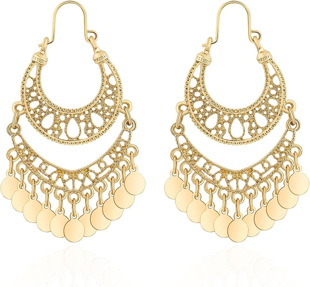 18K Gold Plated Filigree Dangling Large Gold Plated Chandelier Earrings for Women Indian Jewelry ... | Amazon (US)