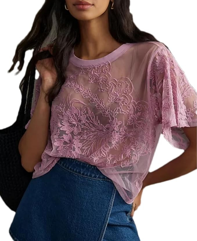 Aimiray Women's Sexy Mesh Tops Short Sleeve Round Neck Lace 3D Printed Floral Sheer Blouse See Th... | Amazon (US)