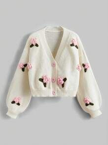 ROMWE Kawaii Cardigan With Upturned Collar & 3d Flower Detailing Buttons | SHEIN