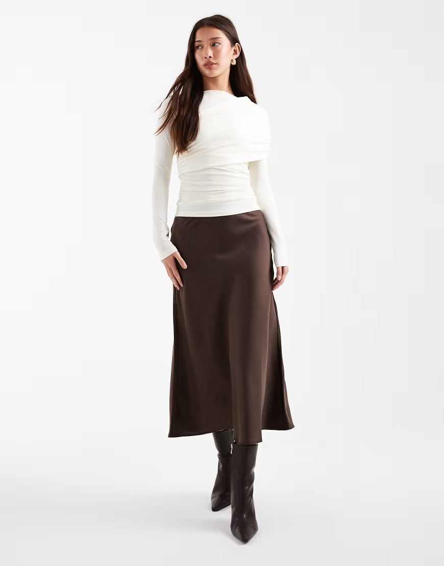 YAS satin midi skirt in chocolate brown | ASOS (Global)