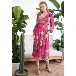Blooming Bouquet Satin Button Down Wrap Midi Dress in Magenta | Chicwish