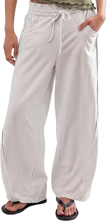 Jenkoon Womens Striped Barrel Pants Drawstring Baggy Pants Women with Pockets Casual Wide Leg Tro... | Amazon (US)