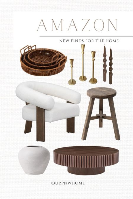 NEW Amazon home finds!

Fluted coffee table, round coffee table, dark wood furniture, modern accent chair, boucle armchair, white vase, gold candlesticks, brass candle holders, twisted candles, unique candles, tapered candles, woven trays, home decor, modern traditional home, moody home

#LTKStyleTip #LTKHome