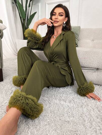 Slumberist Women's Solid Color Contrast Mesh Sleeve Cuffed Top And Pants Pajama Set, Cozy And Elegant Details, Fall Winter Clothes | SHEIN
