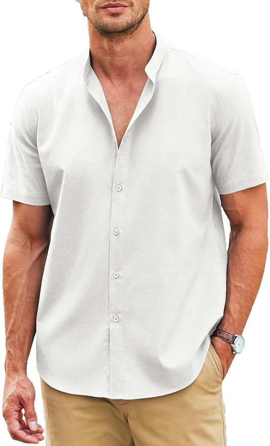 COOFANDY Men's Casual Linen Shirt Band Collar Short Sleeve Button Down Shirt | Amazon (US)