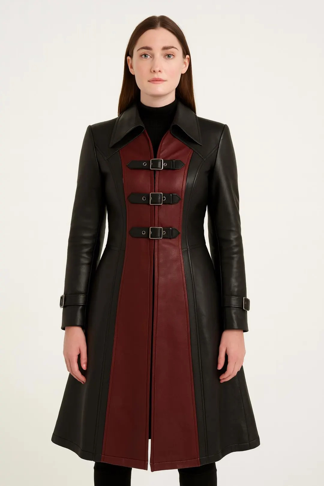 Handmade Gothic Leather Trench Coat – Black & Burgundy Steampunk Outerwear - Etsy | Etsy (US)