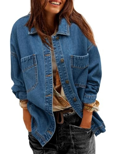 Sidefeel Women's Jean Jacket Oversized Boyfriend Button Up Long Sleeve Denim Jackets Blue Medium | Amazon (US)
