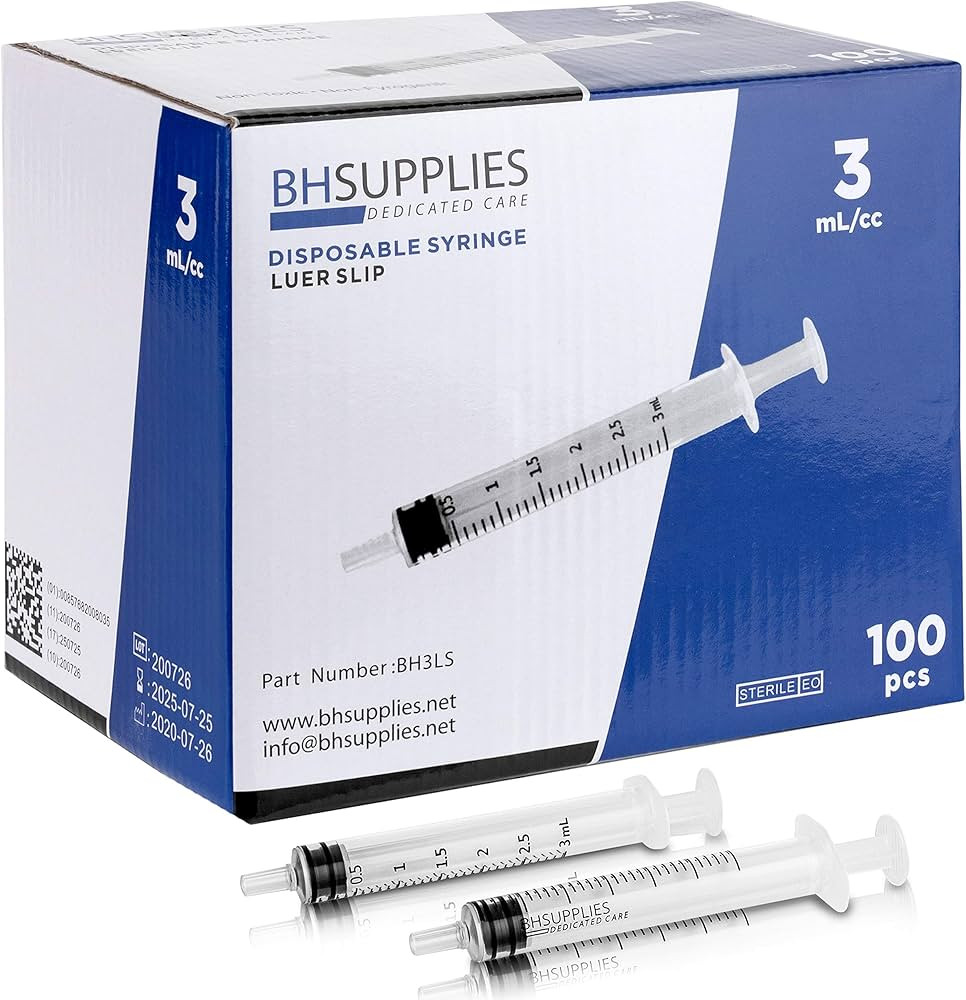 BH Supplies 3ml Luer Slip Tip Syringe - (No Needle) - Sterile, Individually Wrapped - 100 Syringe... | Amazon (US)