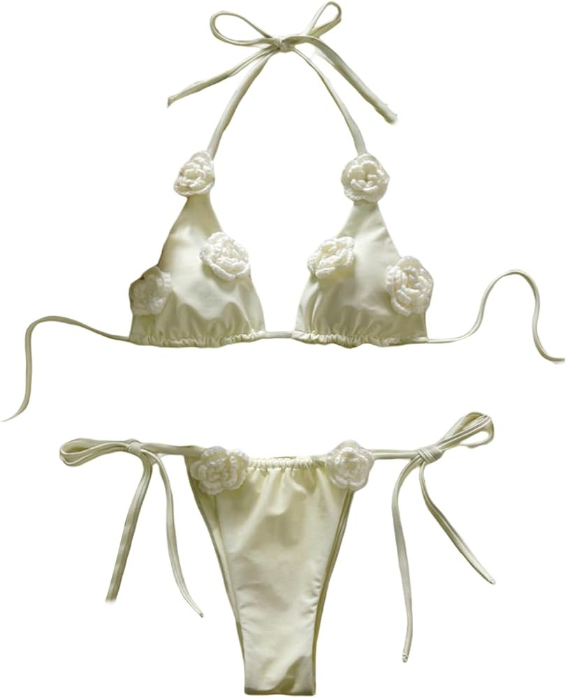 SHENHE Women's Triangle String Bikini Set Side Tie Thong 3D Flower Halter Swimsuits 2 Piece | Amazon (US)