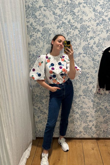 Sezane shirt with puff sleeves and embroidery, Abercrombie jeans, white sneakers from Nike
Cute brunch outfit or date night outfitt

#LTKWorkwear #LTKSeasonal #LTKStyleTip