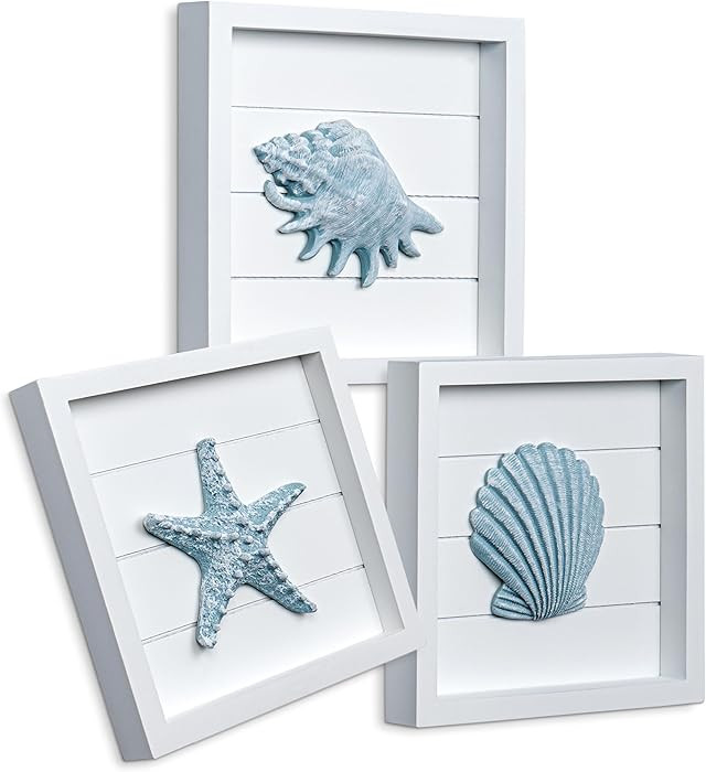 TideAndTales Blue Seashells and Starfish (Framed Set of 3) Coastal 3D Wall Art, Beach Wall Decor ... | Amazon (US)