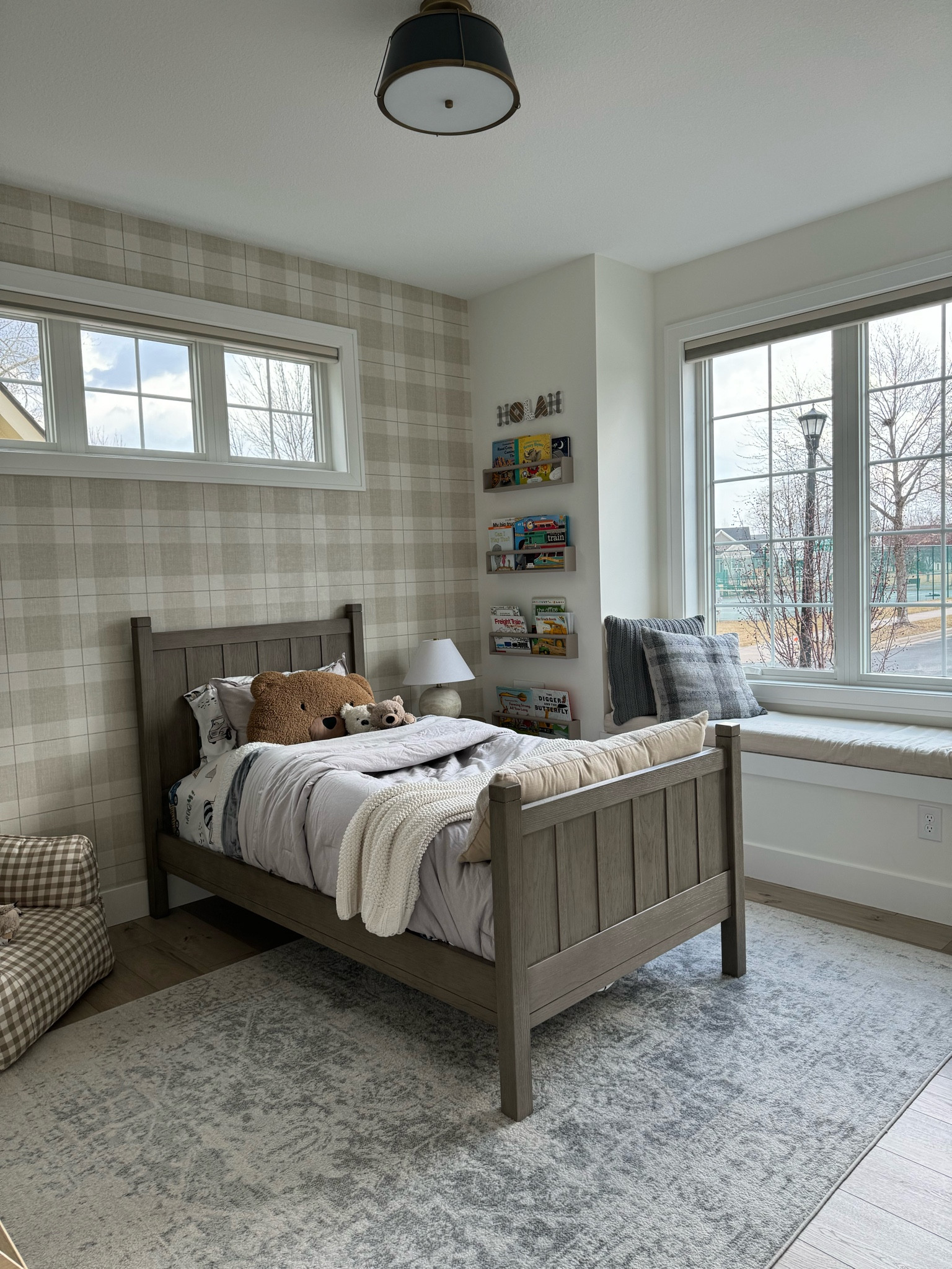 Neutral toddler/kid bedroom ideas! Plaid wallpaper, fun accent pillows, and lots of comfy spots for reading. 📚

#LTKfamily #LTKhome #LTKkids