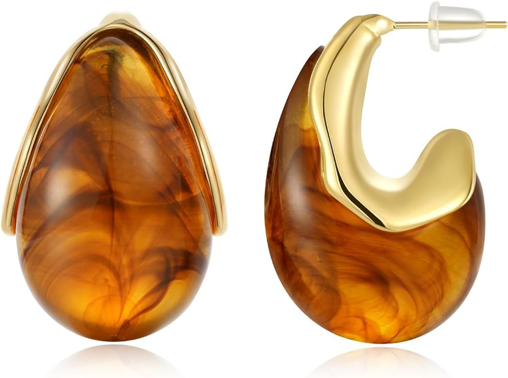 KissYan Acrylic Teardrop Earrings for Women, 14K Gold Plated Resin Chunky Hoop Earrings, Lightwei... | Amazon (US)