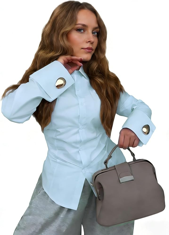oshoplive Women's Elegant Office Work Blouse Shirt Tops Dressy Long Sleeve Collar V Neck Shirts | Amazon (US)