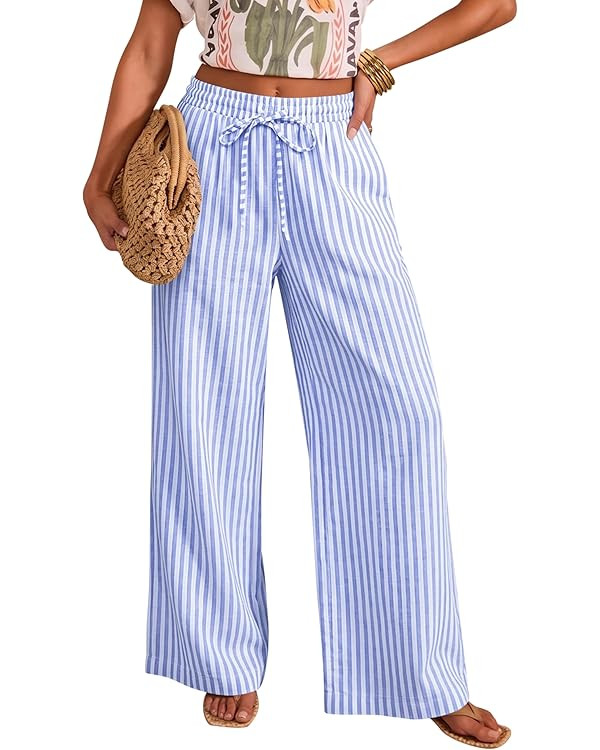 hellobaby Women's Cotton Striped Wide Leg Pants Summer High Waist Palazzo Pants Drawstring Elasti... | Amazon (CA)