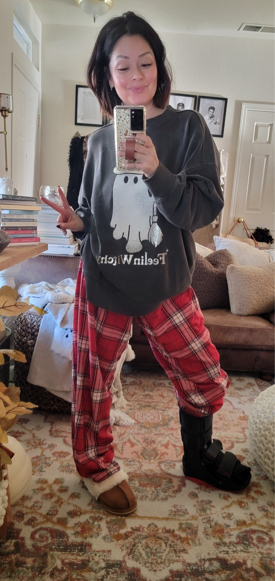 Cozy home clothes
Pj bottoms
Oversized sweatshirt 

Wearing a size large sweatshirt 
Size large in pants 
Slippers run tts @ are super comfortable 

#LTKActive #LTKSeasonal #LTKSaleAlert