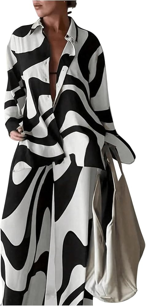 Floerns Women's Plus Size Two Piece Outfit Color Block Button Down Long Sleeve Shirts and Pants S... | Amazon (US)