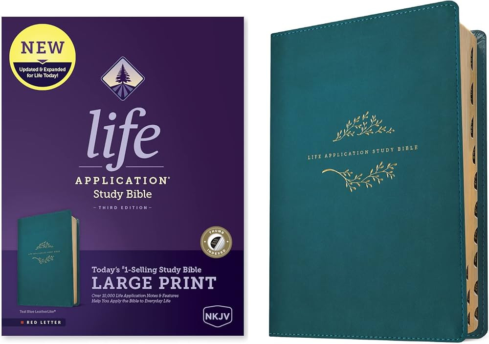 NKJV Life Application Study Bible, Third Edition, Large Print (LeatherLike, Teal Blue, Indexed, R... | Amazon (US)