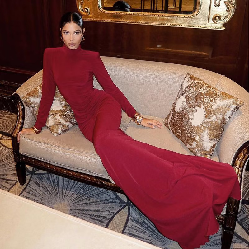 Women's Elegant Long Sleeve Pleated Maxi Dress High Neck Bodycon Mermaid Dresses with Shoulder Pa... | Amazon (US)