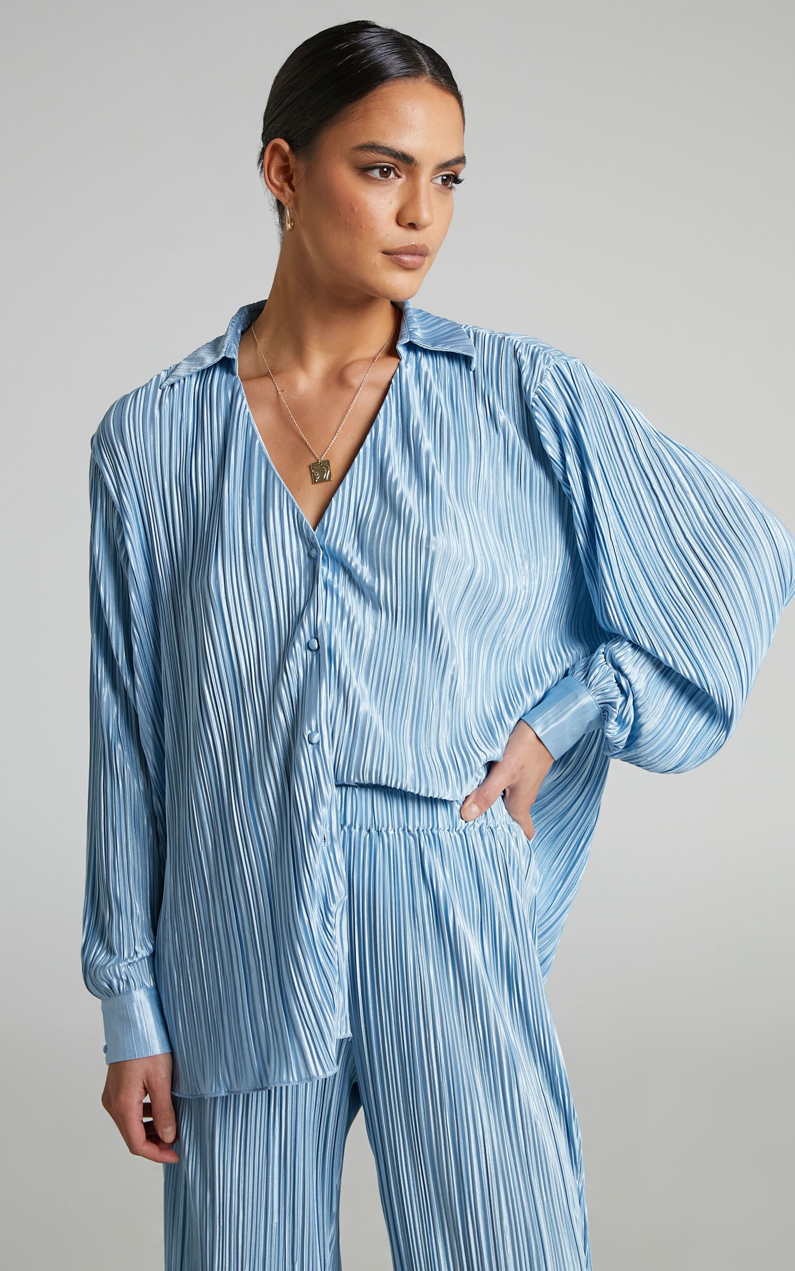 Beca Plisse Button up Shirt in Cornflower | Showpo - deactived