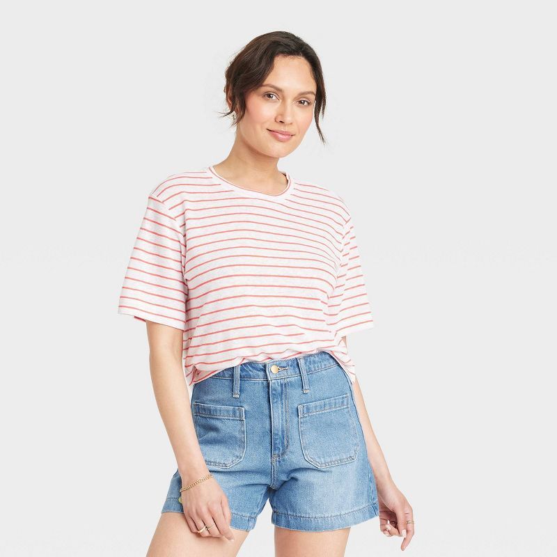 Women's Linen Boxy Short Sleeve T-Shirt - Universal Thread™ White Striped | Target