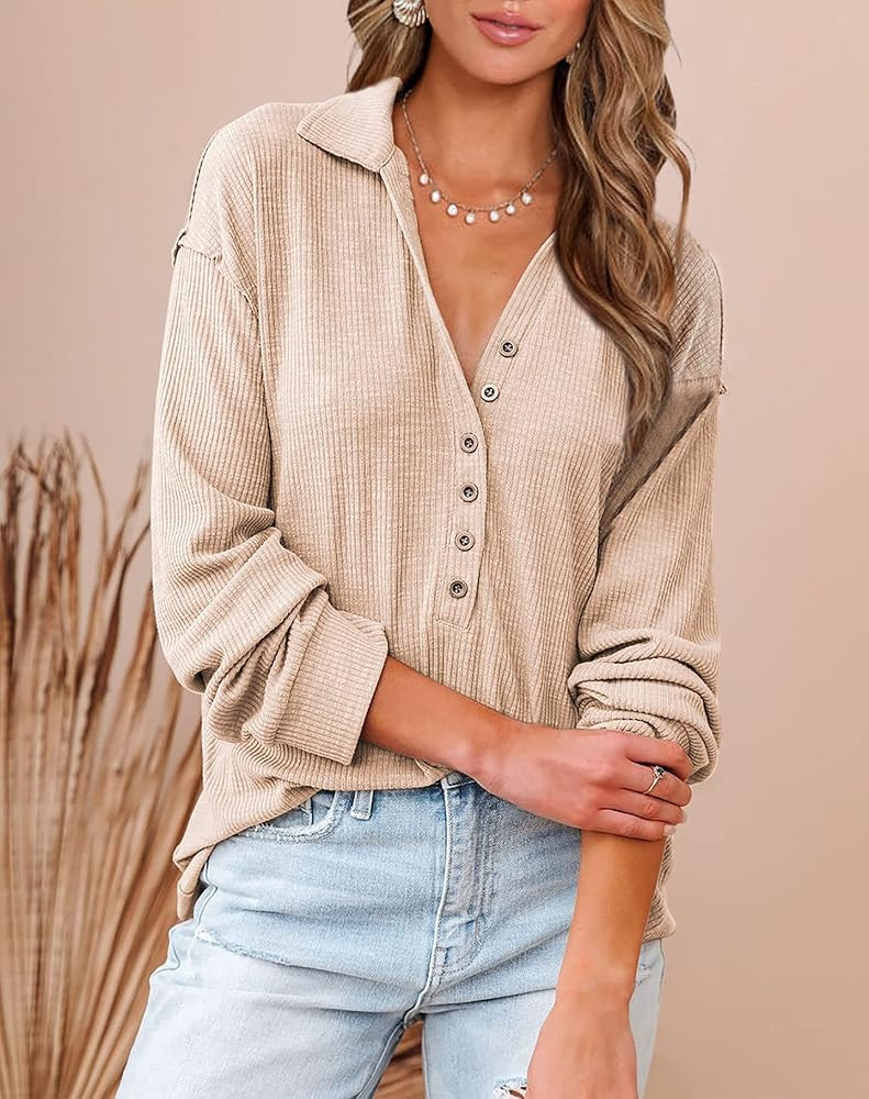 BTFBM Women Casual Button Up V Neck Blouses Long Sleeves Solid Color Stand Collar Knitted Tops Cu... | Amazon (US)
