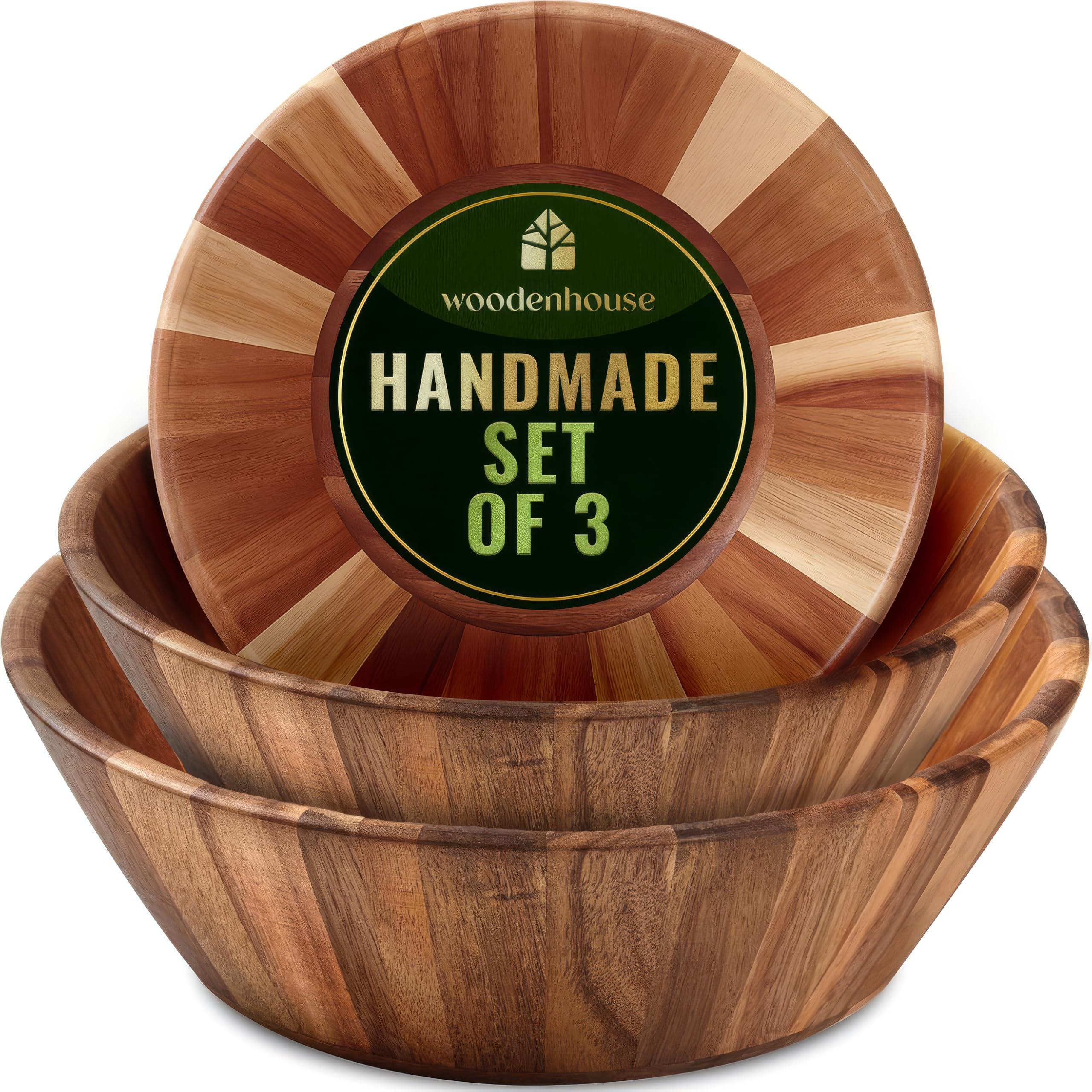 Woodenhouse Wooden Bowls, Wooden Salad Bowl Set of 3 - Round Design Large Salad Bowl Set for Serv... | Amazon (US)