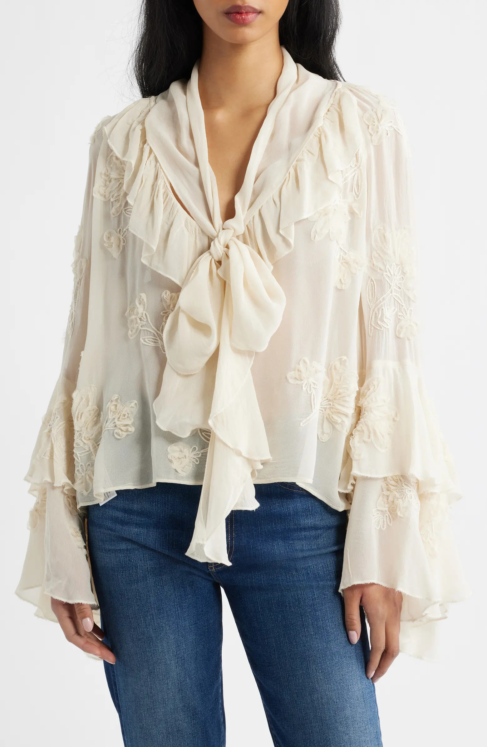 MANGO Blusa Gigi Floral Embroidered Tie Mock Neck Top | Nordstrom | Nordstrom