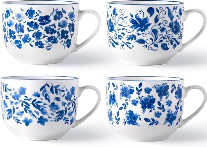 Ceramic Coffee Mugs Set of 4, Handmade 22oz Blue and White Coffee Mugs Set for Latte/Tea/Beer/Hot... | Amazon (US)