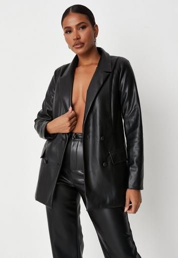 Petite Black Soft Faux Leather Oversized Blazer | Missguided (US & CA)