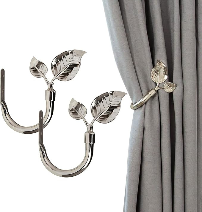 HIKMLK Bright Nickel Leaf Shaped Curtain Holdbacks 2pcs, Handmade Metal Curtain Side Holders Hook... | Amazon (US)