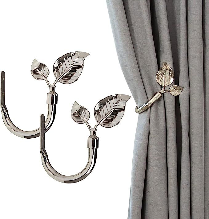 HIKMLK Bright Nickel Leaf Shaped Curtain Holdbacks 2pcs, Handmade Metal Curtain Side Holders Hook... | Amazon (US)