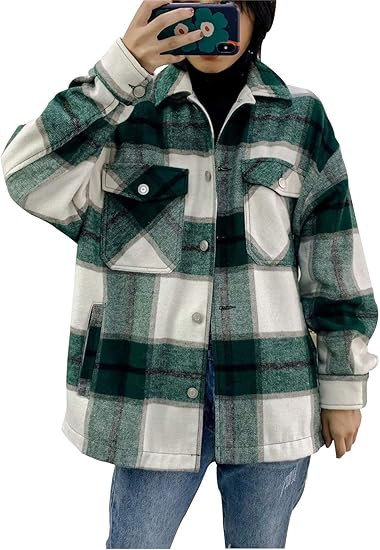 Liengoron Women's Retro Oversized Drop Sleeve Button Down Wool Blend Plaid Shacket Jacket | Amazon (US)