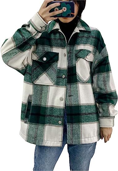 Liengoron Women's Retro Oversized Drop Sleeve Button Down Wool Blend Plaid Shacket Jacket | Amazon (US)